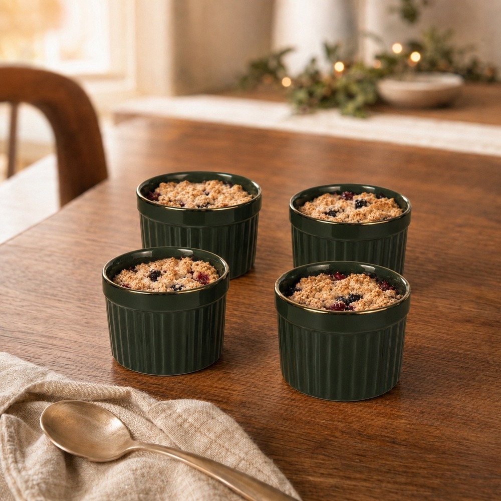 Thyme & Table 4-Piece Ramekin Set Forest Green Gold Rim 9.8oz TT2401R-ECOM